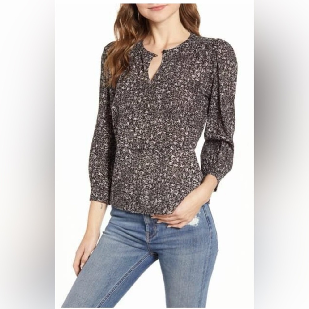 Lucky Brand Black and White Speckled V-Neck Blouse